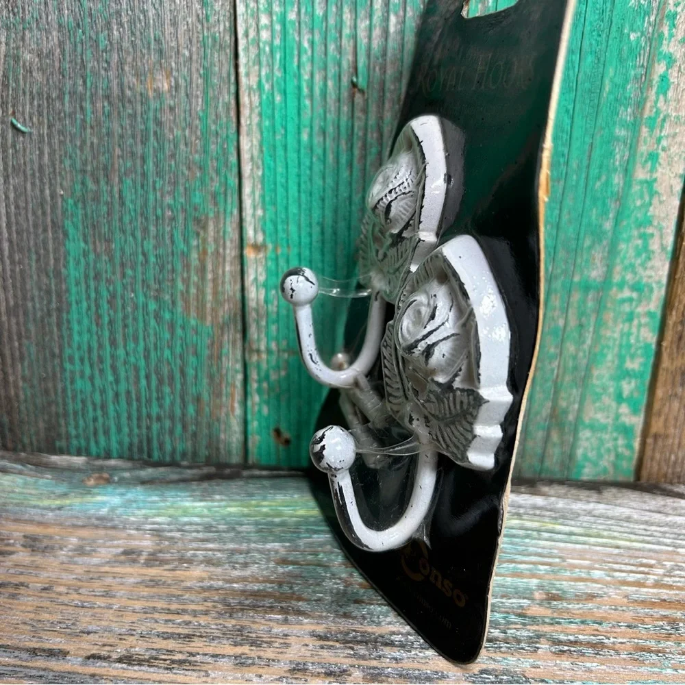 NEW (NOS) In Package WALL HOOKS Solid Brass Rose-Shaped Vintage Distressed